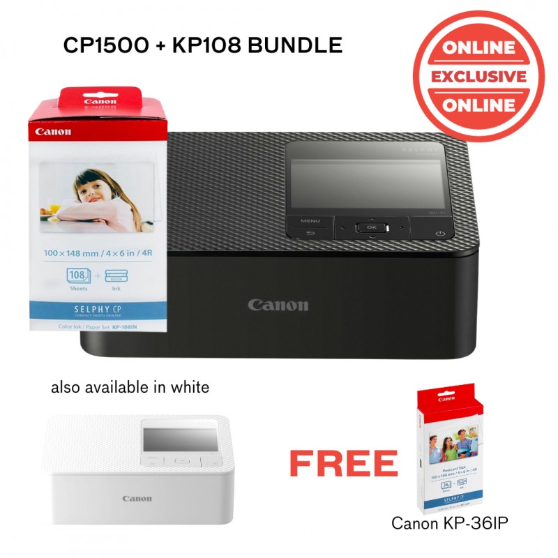 Canon SELPHY CP1500 Compact Photo Printer (White) with KP-108 Ink/Paper Set